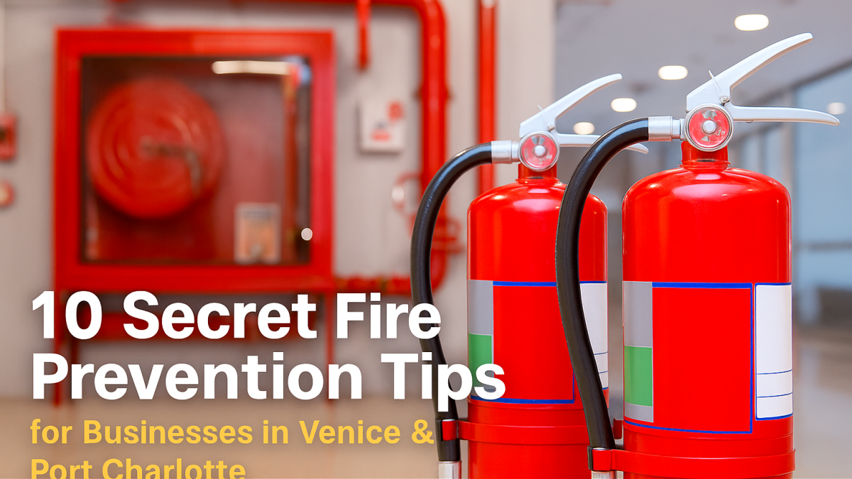 A realistic photo of bright red fire extinguishers and a fire hose reel in a clean commercial building, with text overlay reading “10 Secret Fire Prevention Tips for Businesses in Venice & Port Charlotte.” The image is in landscape orientation, optimized for a blog post and Google update, conveying professionalism and fire safety.
