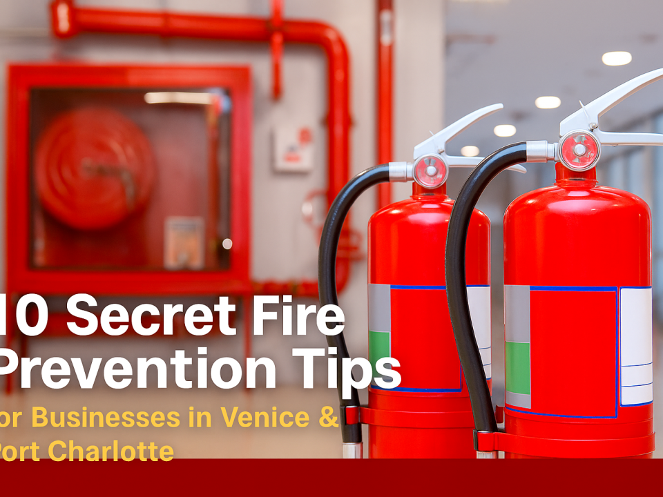 A realistic photo of bright red fire extinguishers and a fire hose reel in a clean commercial building, with text overlay reading “10 Secret Fire Prevention Tips for Businesses in Venice & Port Charlotte.” The image is in landscape orientation, optimized for a blog post and Google update, conveying professionalism and fire safety.