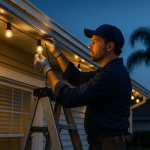 A realistic photo of an electrician installing holiday lighting outdoor string lights on a Florida-style home at dusk. The scene shows palm trees in the background, warm glowing bulbs, and the electrician ensuring the lights are safely secured—conveying professional electrical safety and holiday preparation.
