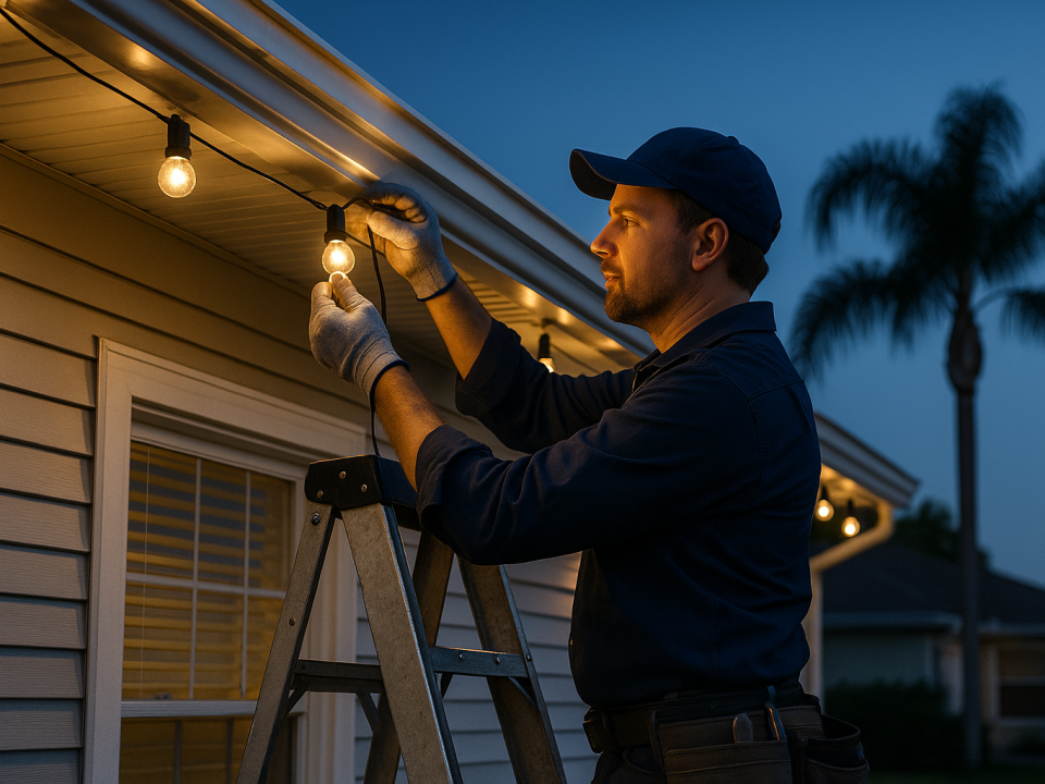 A realistic photo of an electrician installing holiday lighting outdoor string lights on a Florida-style home at dusk. The scene shows palm trees in the background, warm glowing bulbs, and the electrician ensuring the lights are safely secured—conveying professional electrical safety and holiday preparation.