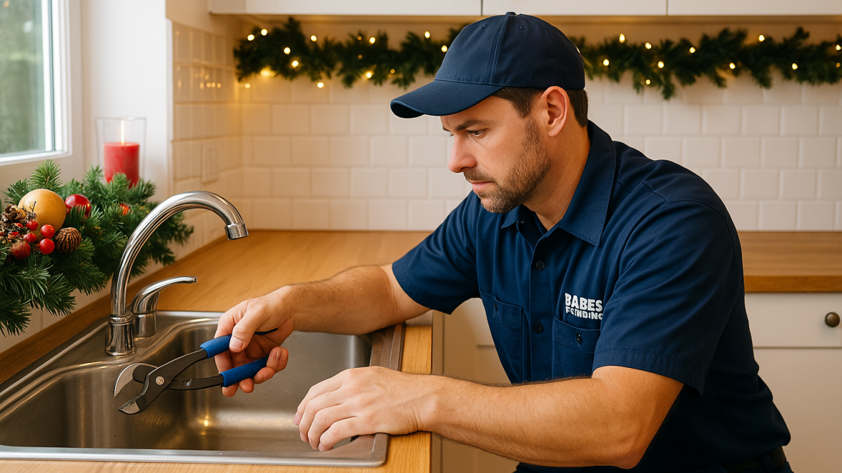 A realistic photo of a professional plumber in a Babe’s Plumbing, Inc. & Fire Sprinklers uniform fixing a kitchen faucet in a Florida home decorated for the holidays, with garland and lights adding festive warmth. The image is landscape-oriented and optimized for blog and Google updates. holiday plumbing