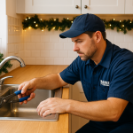 A realistic photo of a professional plumber in a Babe’s Plumbing, Inc. & Fire Sprinklers uniform fixing a kitchen faucet in a Florida home decorated for the holidays, with garland and lights adding festive warmth. The image is landscape-oriented and optimized for blog and Google updates. holiday plumbing
