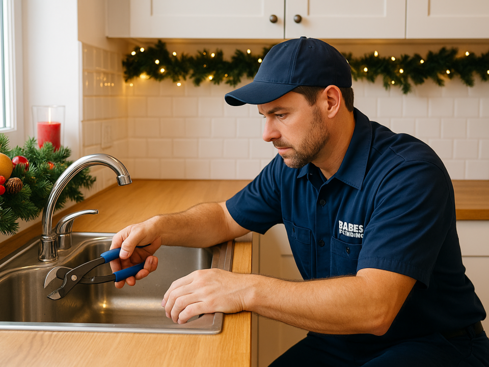 A realistic photo of a professional plumber in a Babe’s Plumbing, Inc. & Fire Sprinklers uniform fixing a kitchen faucet in a Florida home decorated for the holidays, with garland and lights adding festive warmth. The image is landscape-oriented and optimized for blog and Google updates. holiday plumbing