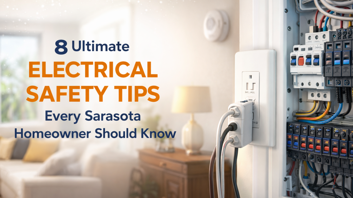 A residential GFCI outlet and open electrical panel inside a Sarasota home, illustrating essential electrical safety tips for homeowners to prevent hazards and improve home safety.