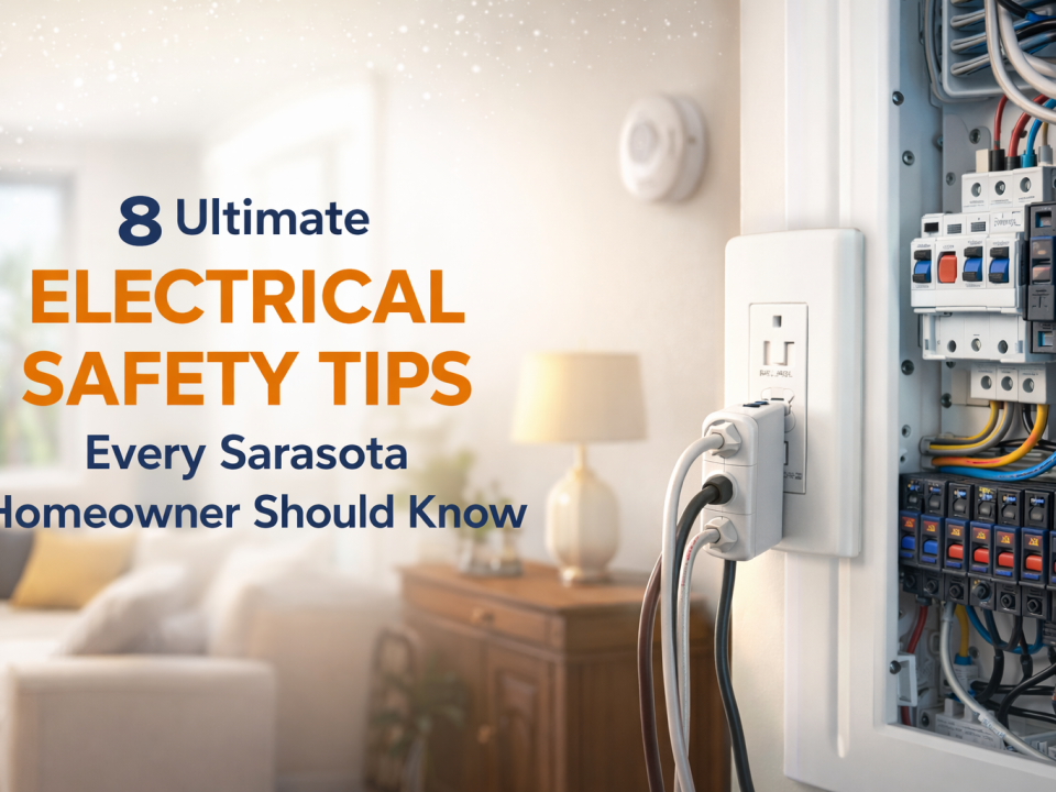 A residential GFCI outlet and open electrical panel inside a Sarasota home, illustrating essential electrical safety tips for homeowners to prevent hazards and improve home safety.