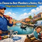 canal with boat, plumbers in Venice holding a wrench. a faucet
