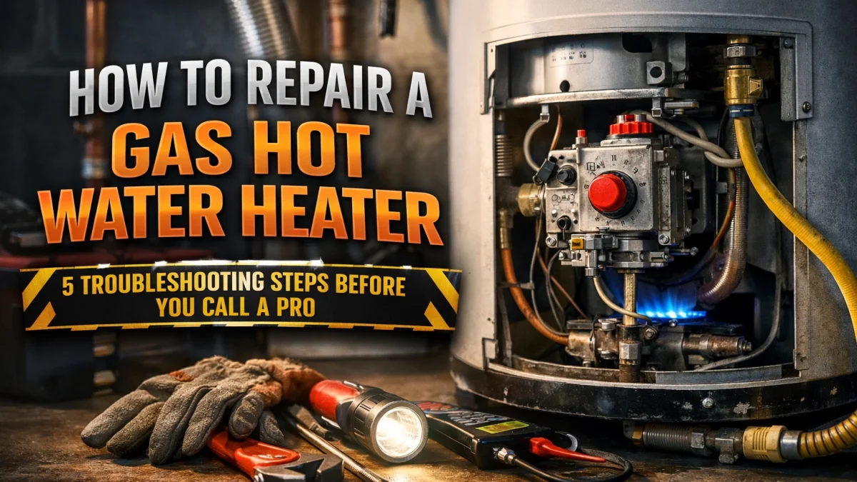 gas hot water heater being repaired with a flashlight and gloves in the foreground