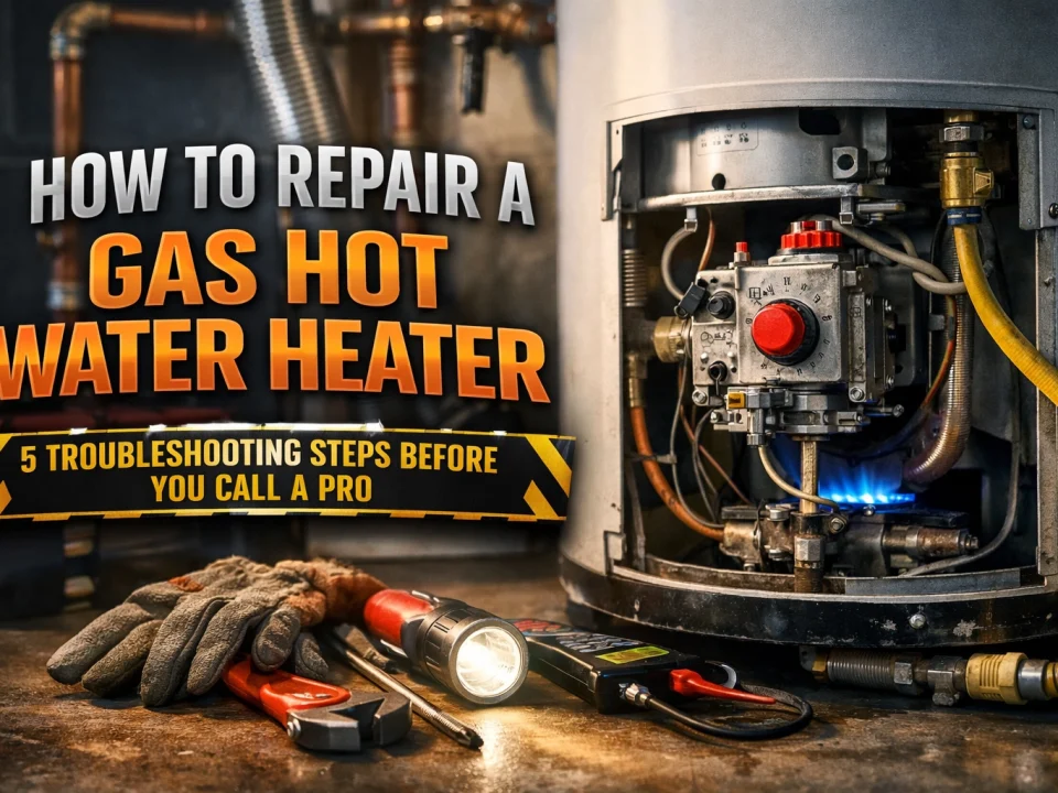 gas hot water heater being repaired with a flashlight and gloves in the foreground