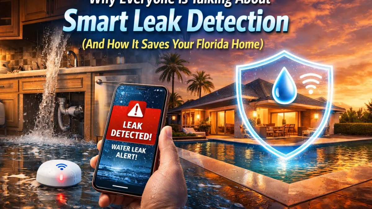 Venice Florida home with water leaks showing how smart leak detection can be used to pinpoint the leak. phone with leak detection program and plumbing graphics