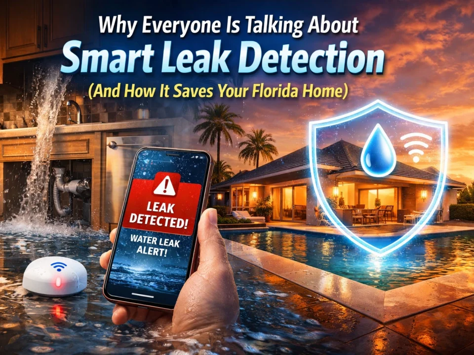 Venice Florida home with water leaks showing how smart leak detection can be used to pinpoint the leak. phone with leak detection program and plumbing graphics