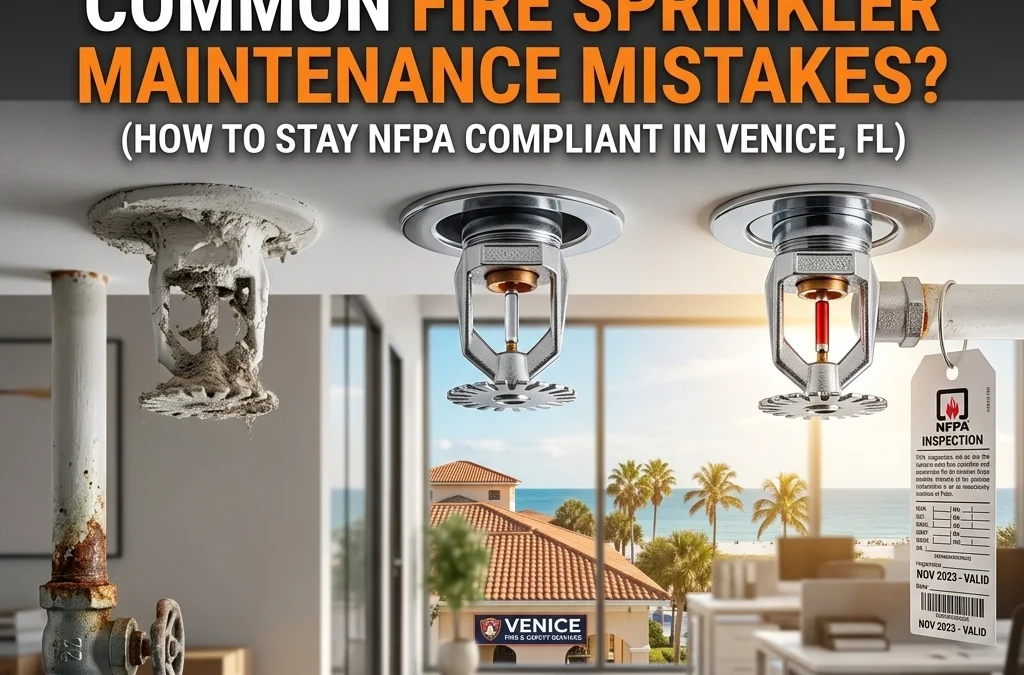 fire sprinkler maintenance mistakes. 3 fire sprinklers in a very bright and neutral florida home. palm trees and ocean visible through window.