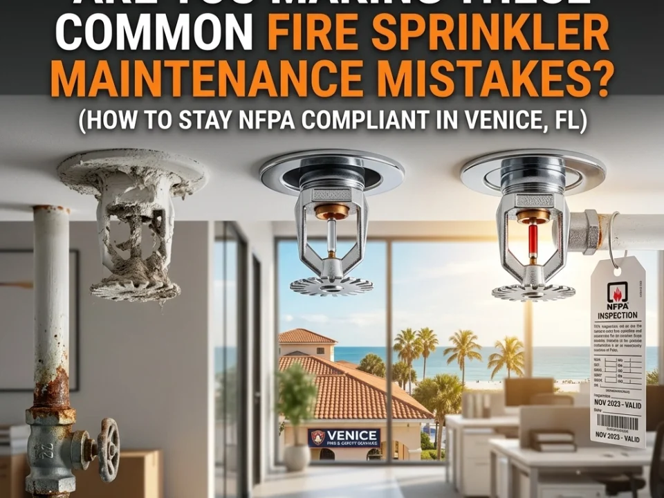 fire sprinkler maintenance mistakes. 3 fire sprinklers in a very bright and neutral florida home. palm trees and ocean visible through window.